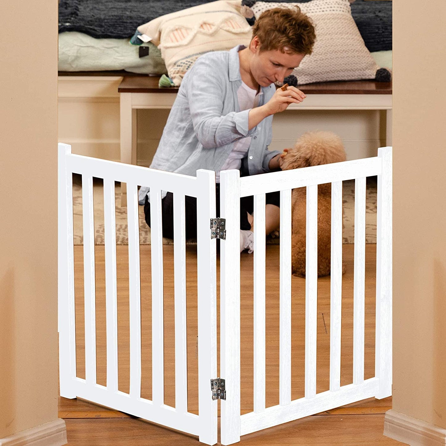 LZRS 2-Panel Wooden Free Standing Foldable Dog Gate – Solid Hardwood 24" High, Step-Over Safety Pet Gate for Doorways, Stairs & Small Spaces - Indoor Use, White