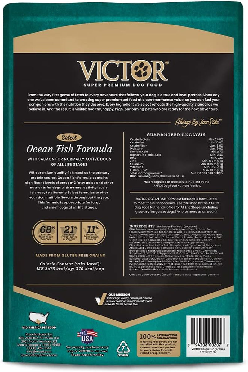 VICTOR Super Premium Dog Food – Select Ocean Fish Formula with Salmon – Omega-3 and Omega-6 Enriched Gluten-Free Dry Kibble for All Normally Active Dogs of All Life Stages, 5Lbs