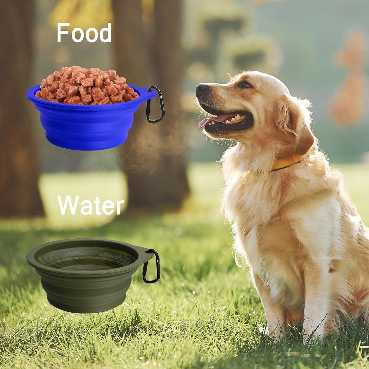 Petbonus 2-Pack Silicone Collapsible Dog Bowls, BPA Free Dishwasher Safe, Portable Foldable Expandable Travel Bowl, Food Water Feeding Cup Dish for Dogs Cats with 2 Carabiners (Army Green, Blue)