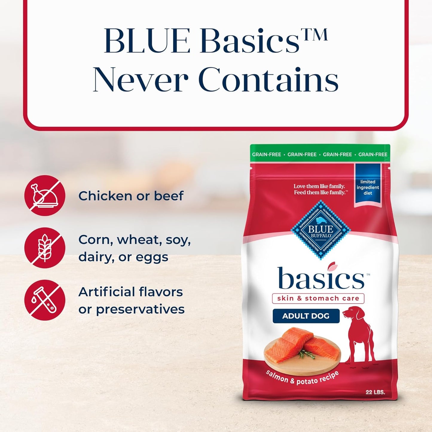 Blue Buffalo Basics Grain-Free Dry Dog Food for Adult Dogs, Limited Ingredient Diet, Salmon Recipe, 22-Lb. Bag