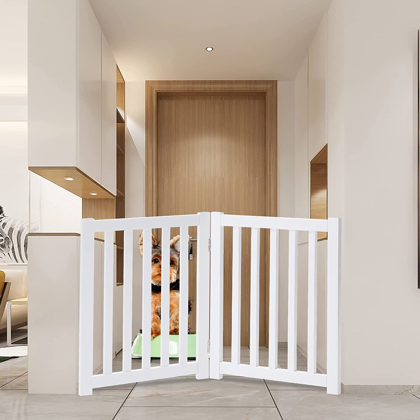 LZRS 2-Panel Wooden Free Standing Foldable Dog Gate – Solid Hardwood 24" High, Step-Over Safety Pet Gate for Doorways, Stairs & Small Spaces - Indoor Use, White