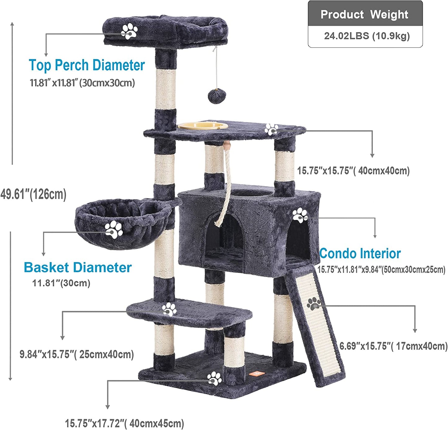Heybly Cat Tree, Cat Tower for Indoor Cats with Scratching Board, Multi-Level Cat Furniture Condo with Feeding Bowl Smoky Gray HCT010G