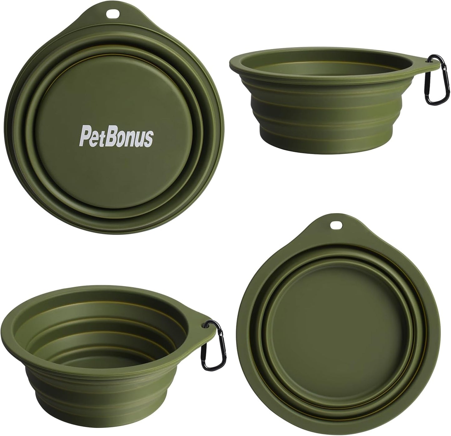 Petbonus 2-Pack Silicone Collapsible Dog Bowls, BPA Free Dishwasher Safe, Portable Foldable Expandable Travel Bowl, Food Water Feeding Cup Dish for Dogs Cats with 2 Carabiners (Army Green, Blue)