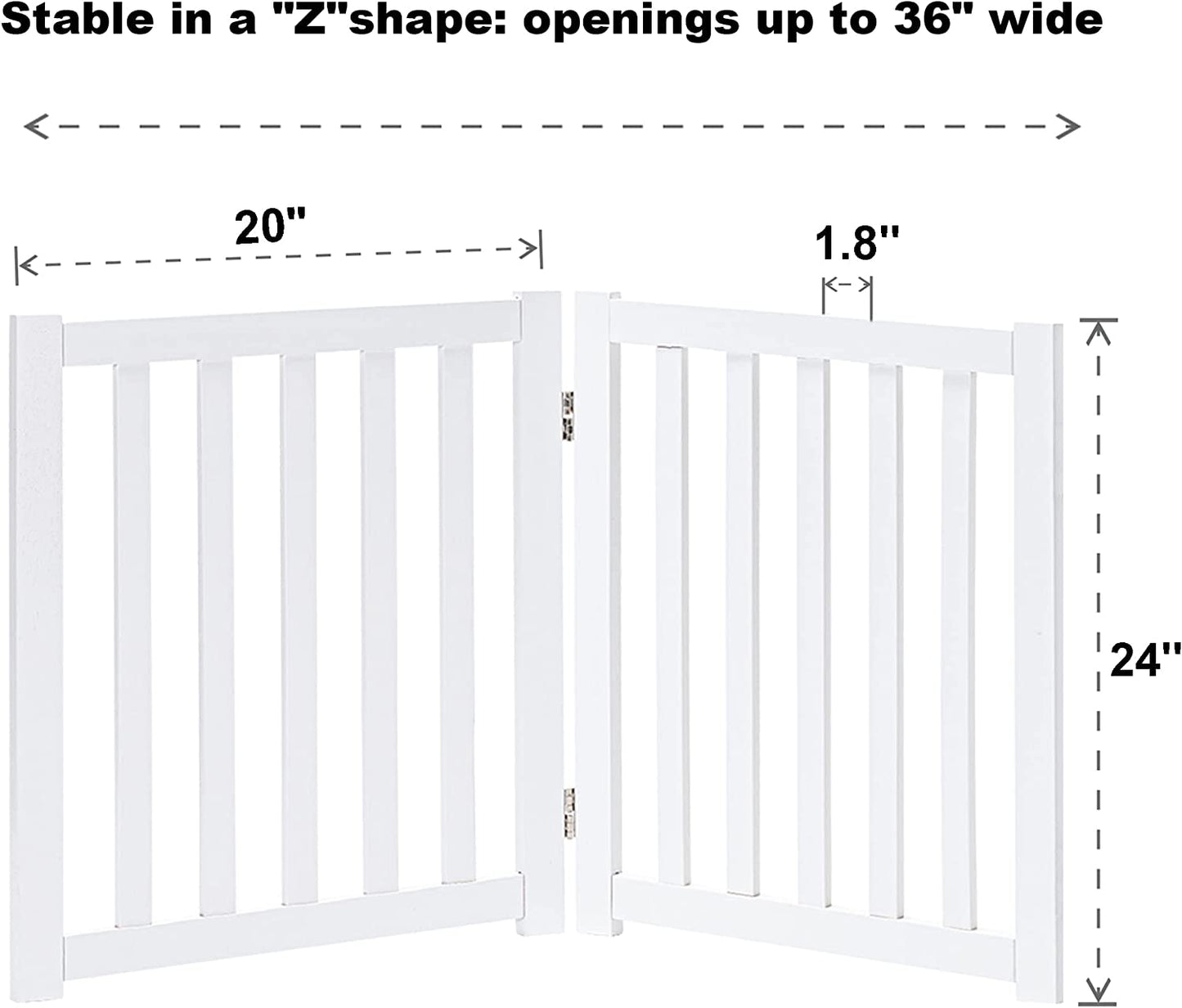 LZRS 2-Panel Wooden Free Standing Foldable Dog Gate – Solid Hardwood 24" High, Step-Over Safety Pet Gate for Doorways, Stairs & Small Spaces - Indoor Use, White