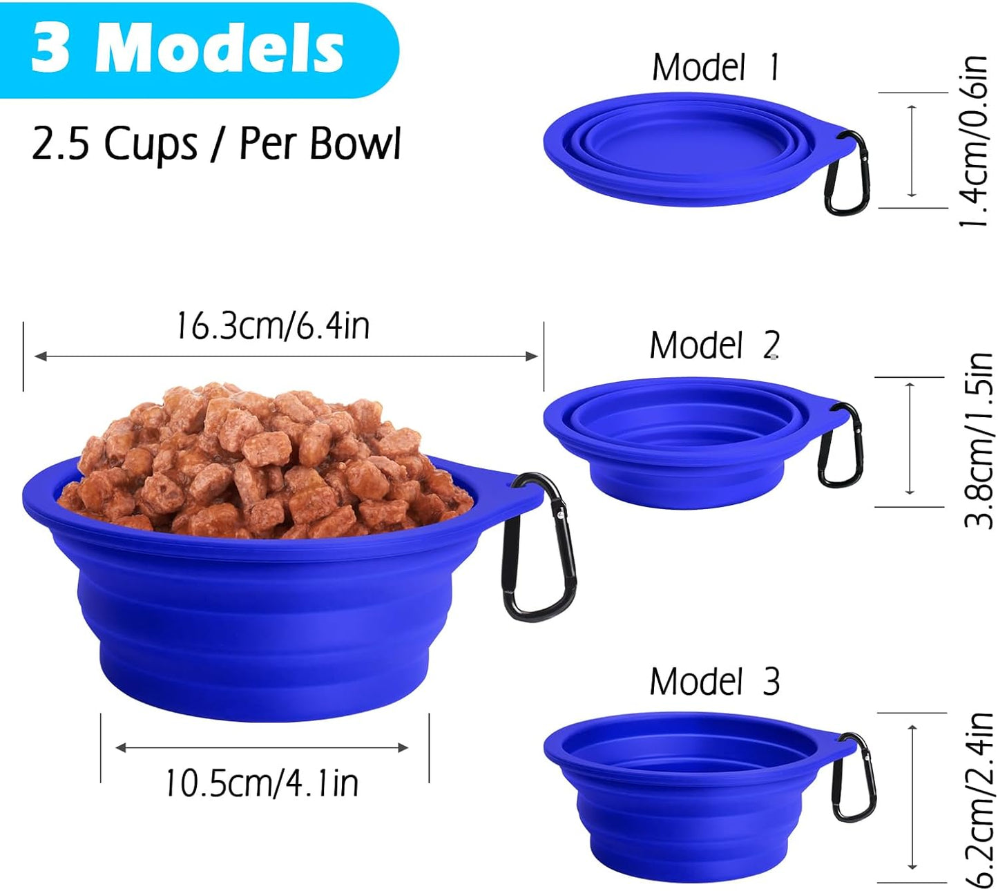 Petbonus 2-Pack Silicone Collapsible Dog Bowls, BPA Free Dishwasher Safe, Portable Foldable Expandable Travel Bowl, Food Water Feeding Cup Dish for Dogs Cats with 2 Carabiners (Army Green, Blue)