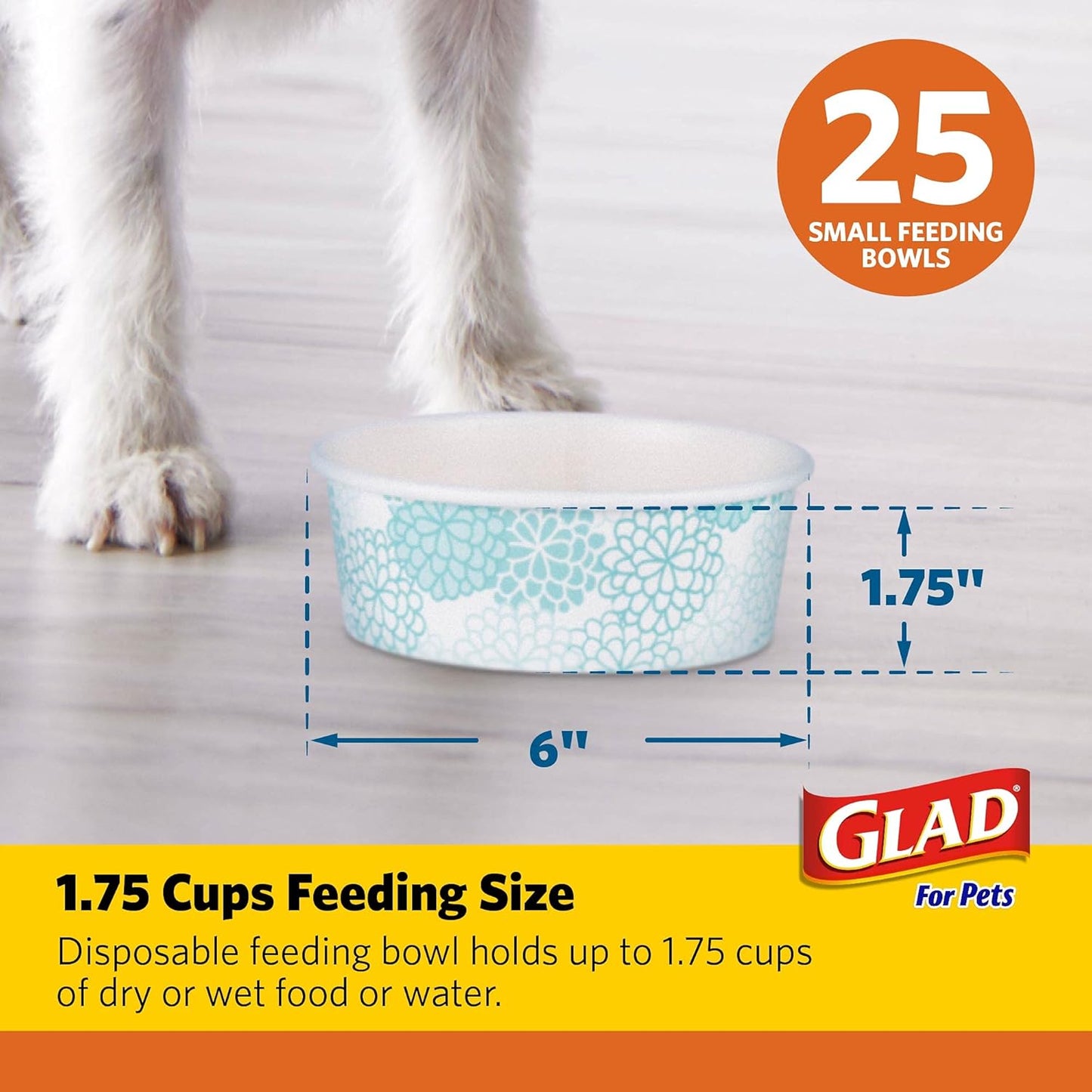 Glad Pets Disposable Small Dog Bowls, Teal Pattern, 1.75 Cup Feeding Size, 25 Count - Leakproof and Dishwasher Safe