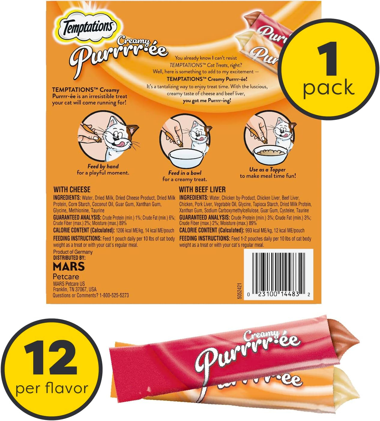 Temptations Creamy Puree with Beef Liver and Cheese, Variety Pack of Lickable, Squeezable Cat Treats, 0.42 Oz Pouches, 24 Count
