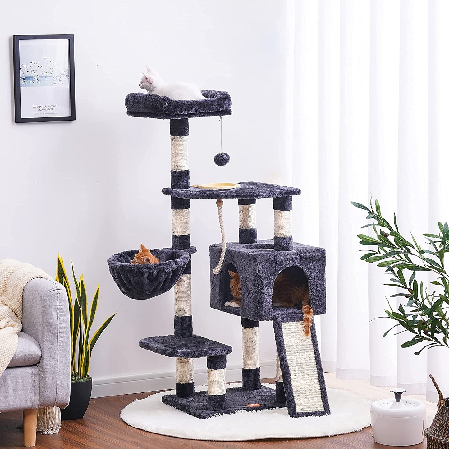 Heybly Cat Tree, Cat Tower for Indoor Cats with Scratching Board, Multi-Level Cat Furniture Condo with Feeding Bowl Smoky Gray HCT010G