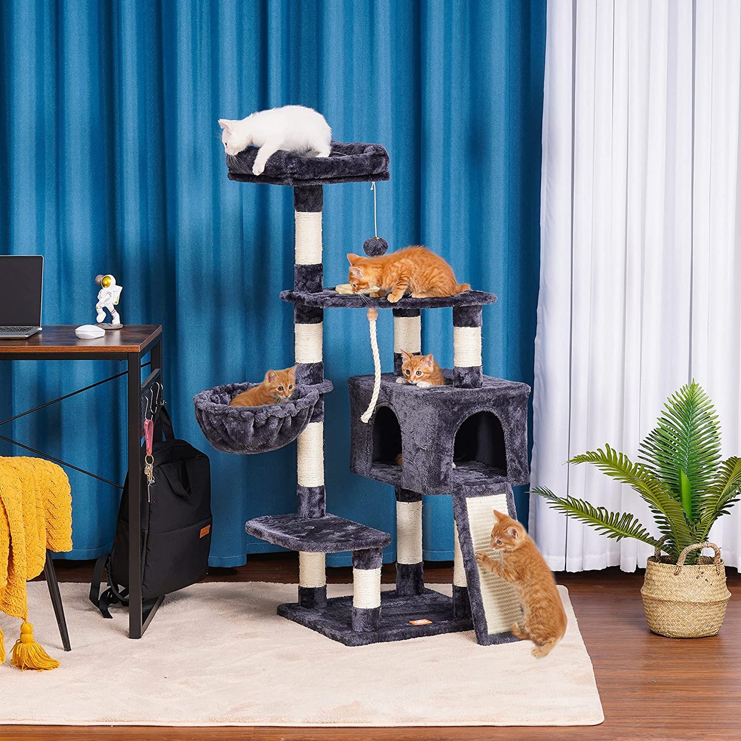 Heybly Cat Tree, Cat Tower for Indoor Cats with Scratching Board, Multi-Level Cat Furniture Condo with Feeding Bowl Smoky Gray HCT010G