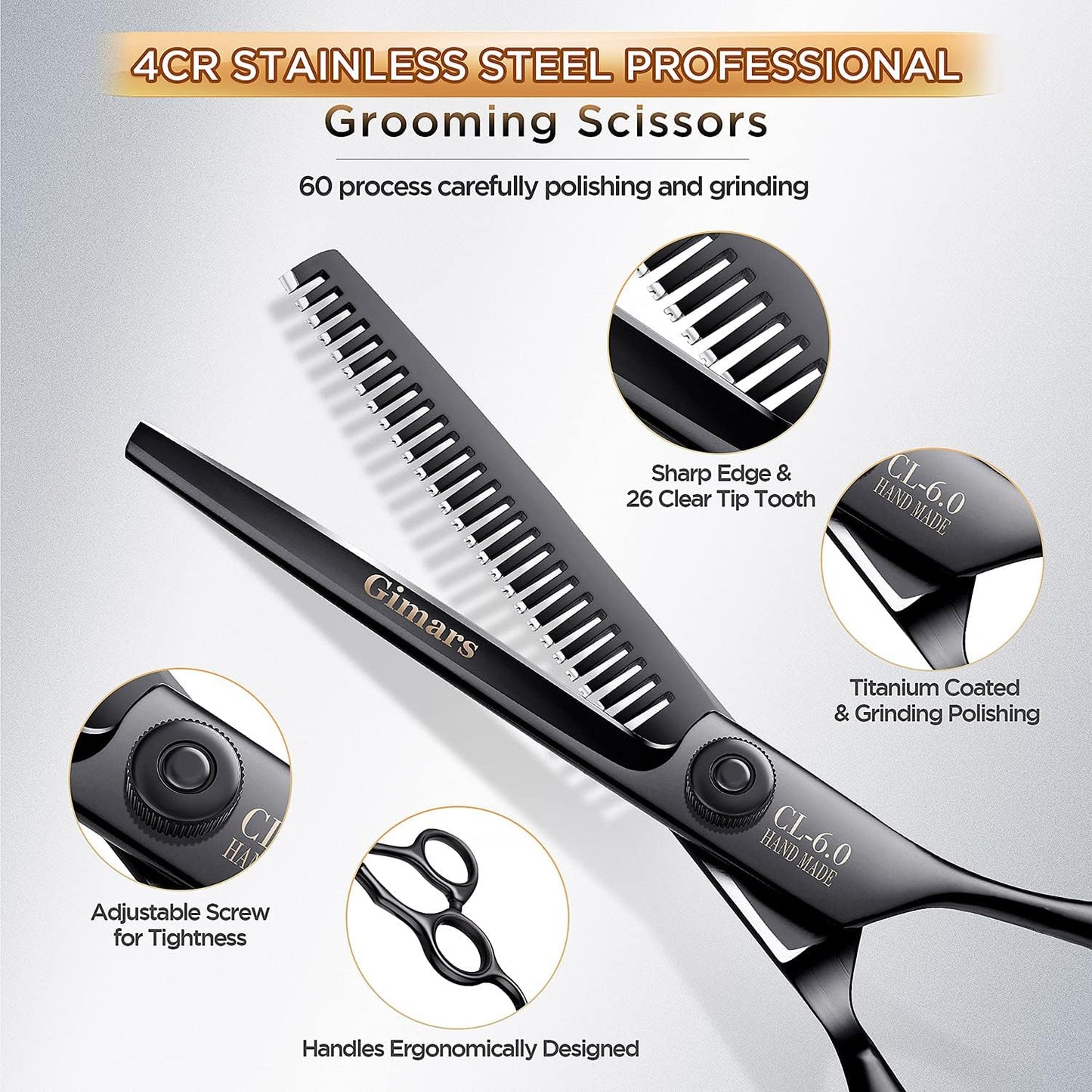 Gimars 7Inch Professional 4CR Stainless Steel 6 in 1 Grooming Scissors for Dogs with Safety round Tip, Heavy Duty Titanium Coated Pet Grooming Scissor for Dogs, Cats and Other Animals