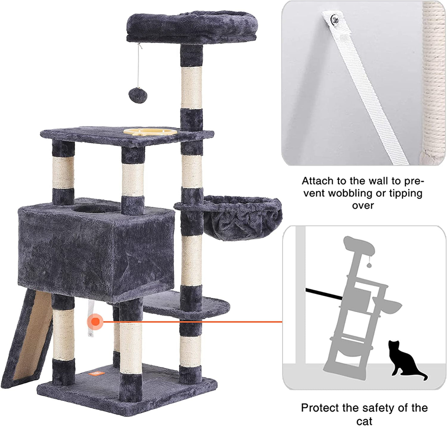 Heybly Cat Tree, Cat Tower for Indoor Cats with Scratching Board, Multi-Level Cat Furniture Condo with Feeding Bowl Smoky Gray HCT010G