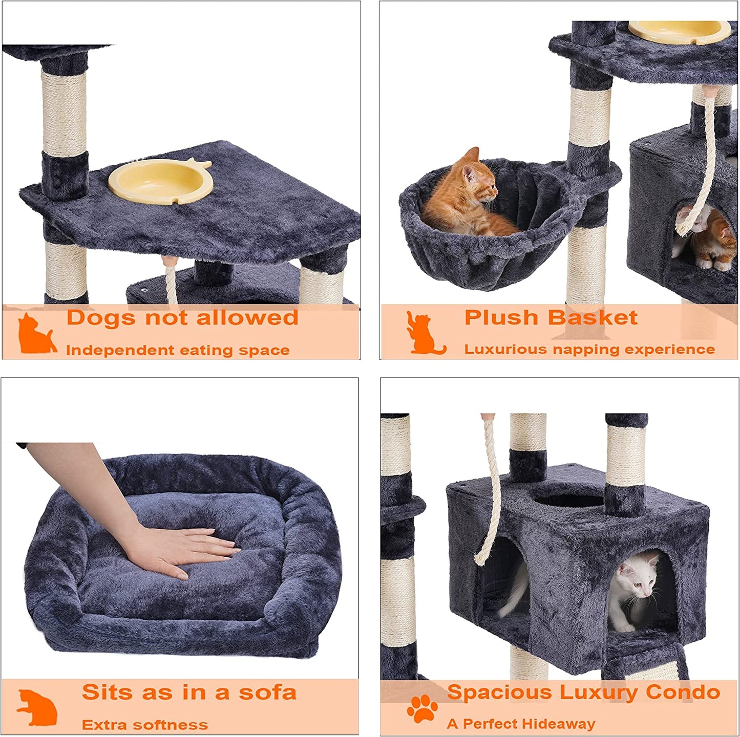 Heybly Cat Tree, Cat Tower for Indoor Cats with Scratching Board, Multi-Level Cat Furniture Condo with Feeding Bowl Smoky Gray HCT010G