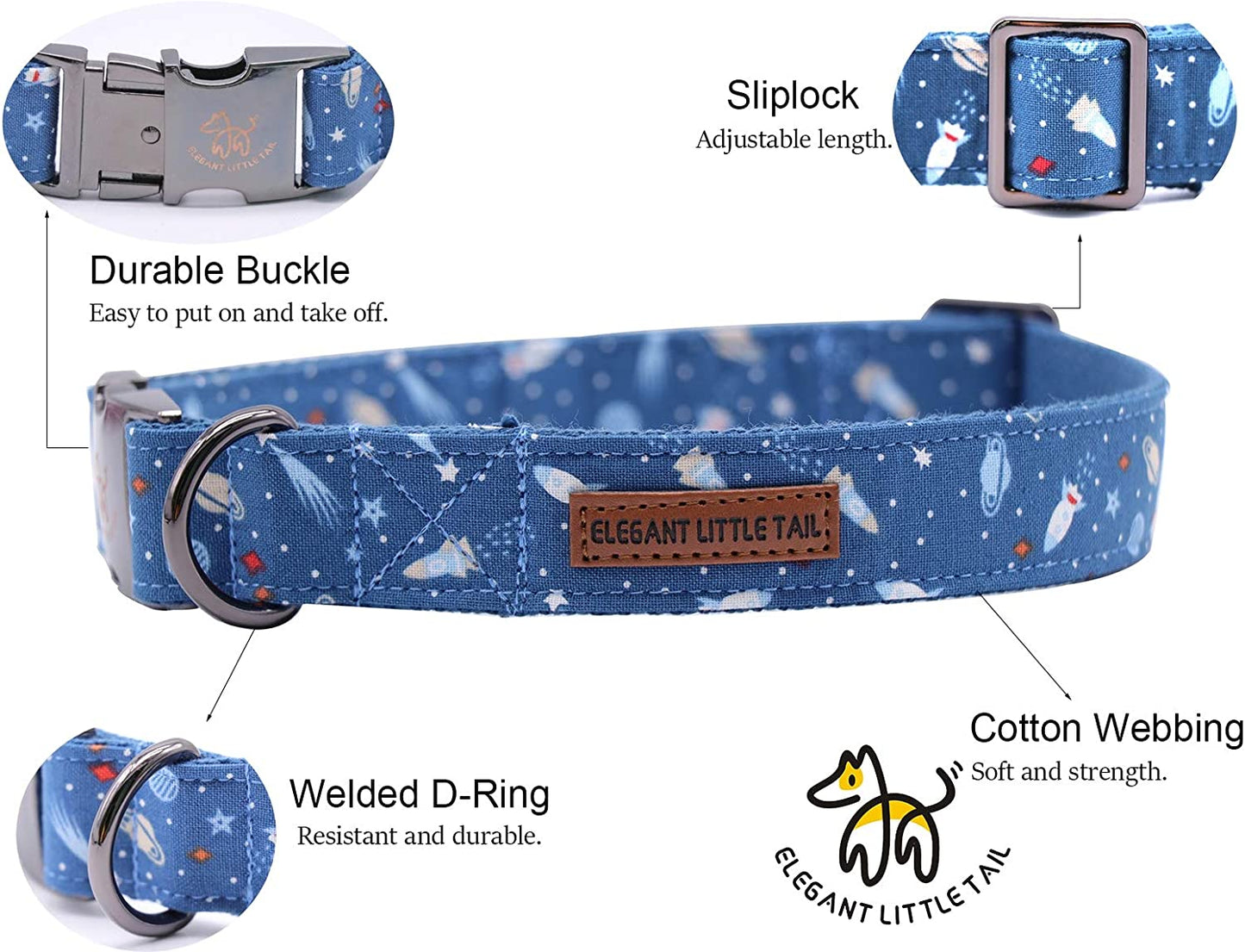 Elegant Little Tail Dog Collar with Bow, Cotton & Webbing, Bowtie Dog Collar, Adjustable Dog Collars for Small Medium Large Dogs and Cats