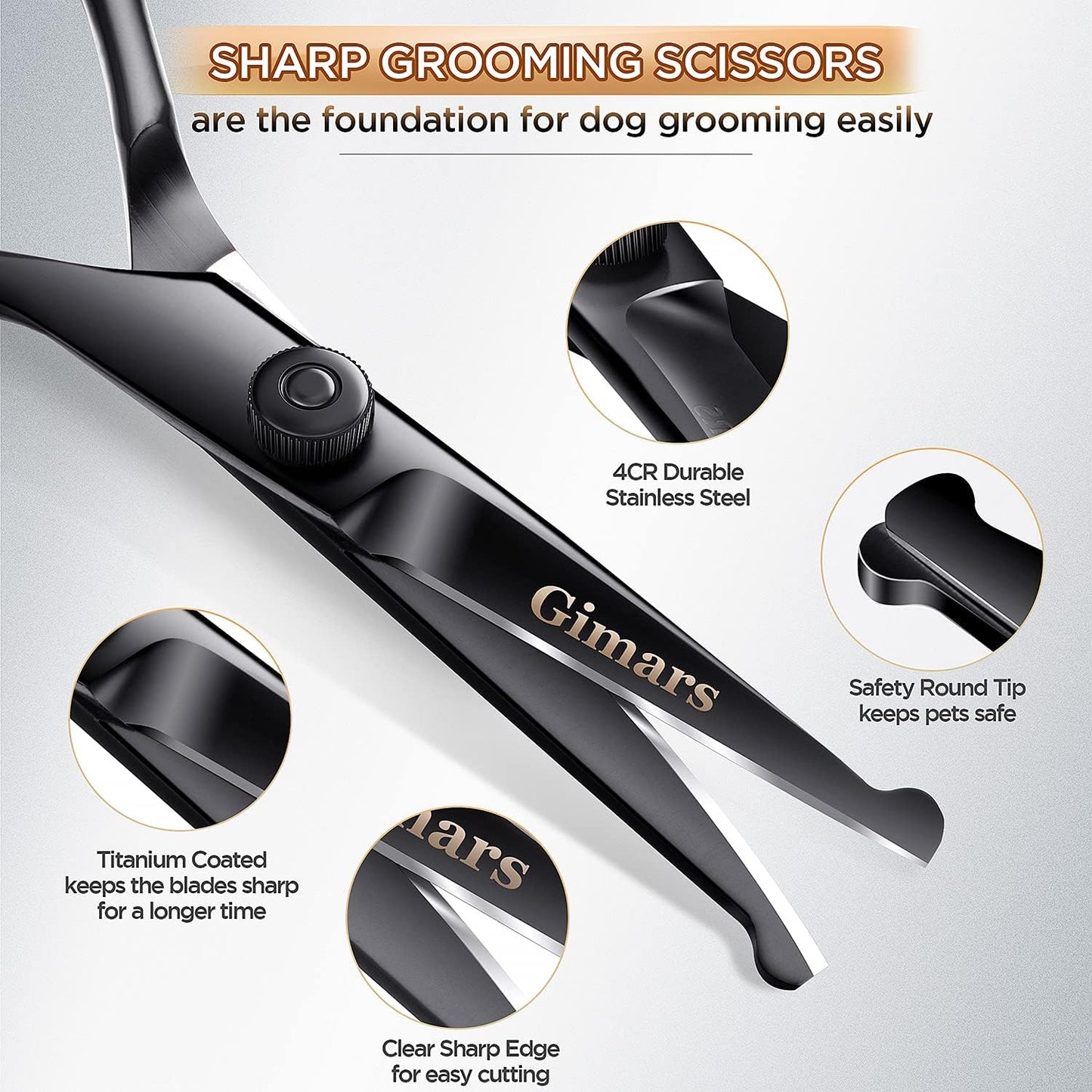 Gimars 7Inch Professional 4CR Stainless Steel 6 in 1 Grooming Scissors for Dogs with Safety round Tip, Heavy Duty Titanium Coated Pet Grooming Scissor for Dogs, Cats and Other Animals
