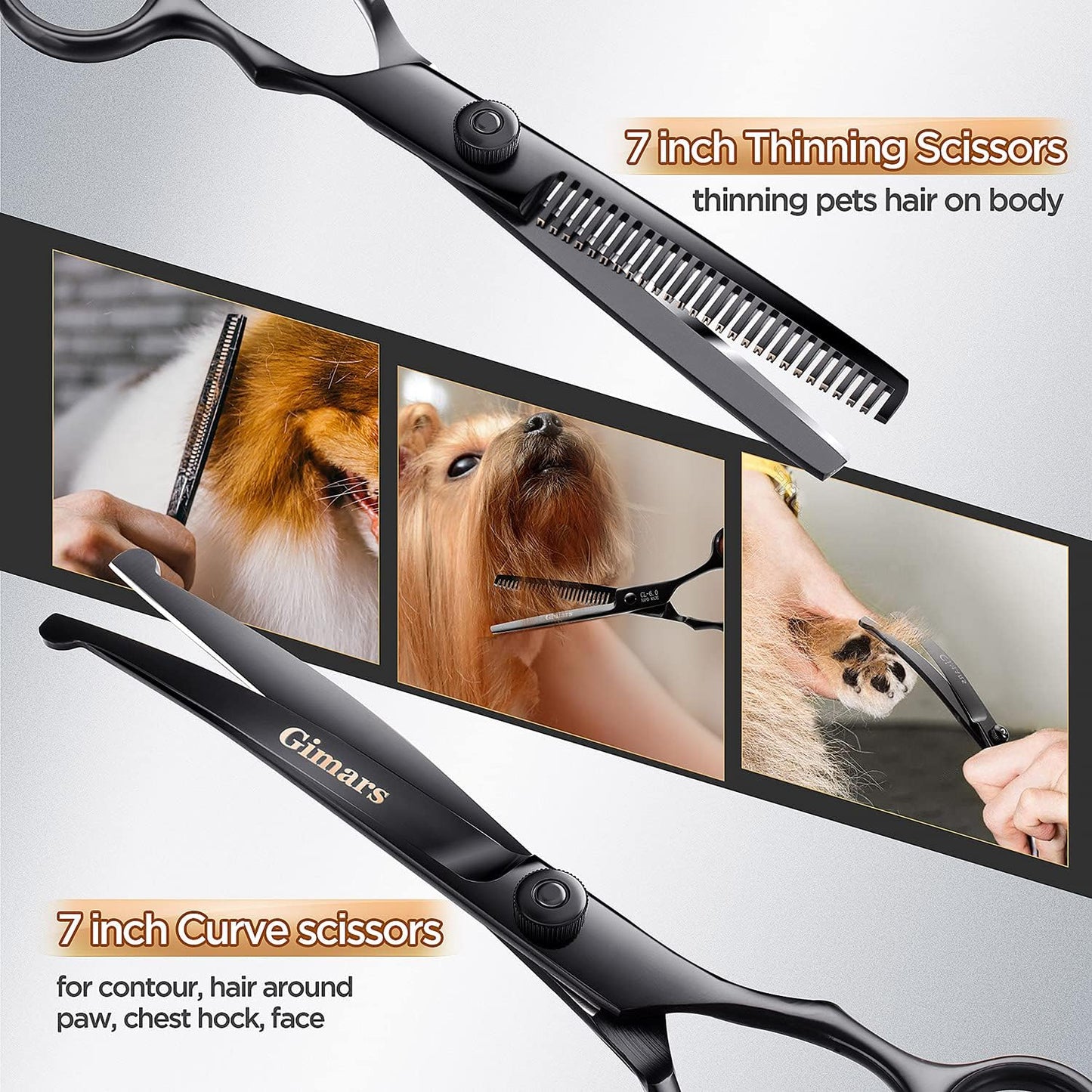 Gimars 7Inch Professional 4CR Stainless Steel 6 in 1 Grooming Scissors for Dogs with Safety round Tip, Heavy Duty Titanium Coated Pet Grooming Scissor for Dogs, Cats and Other Animals