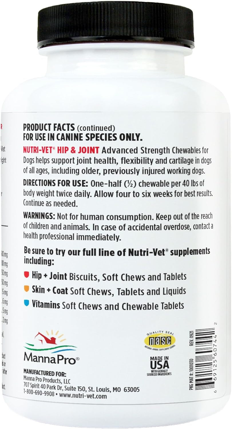 Nutri-Vet Advanced Strength Hip & Joint Chewable Dog Supplements - Formulated with Glucosamine & Chondroitin to Support Dog Cartilage & Mobility - 300 Tablets