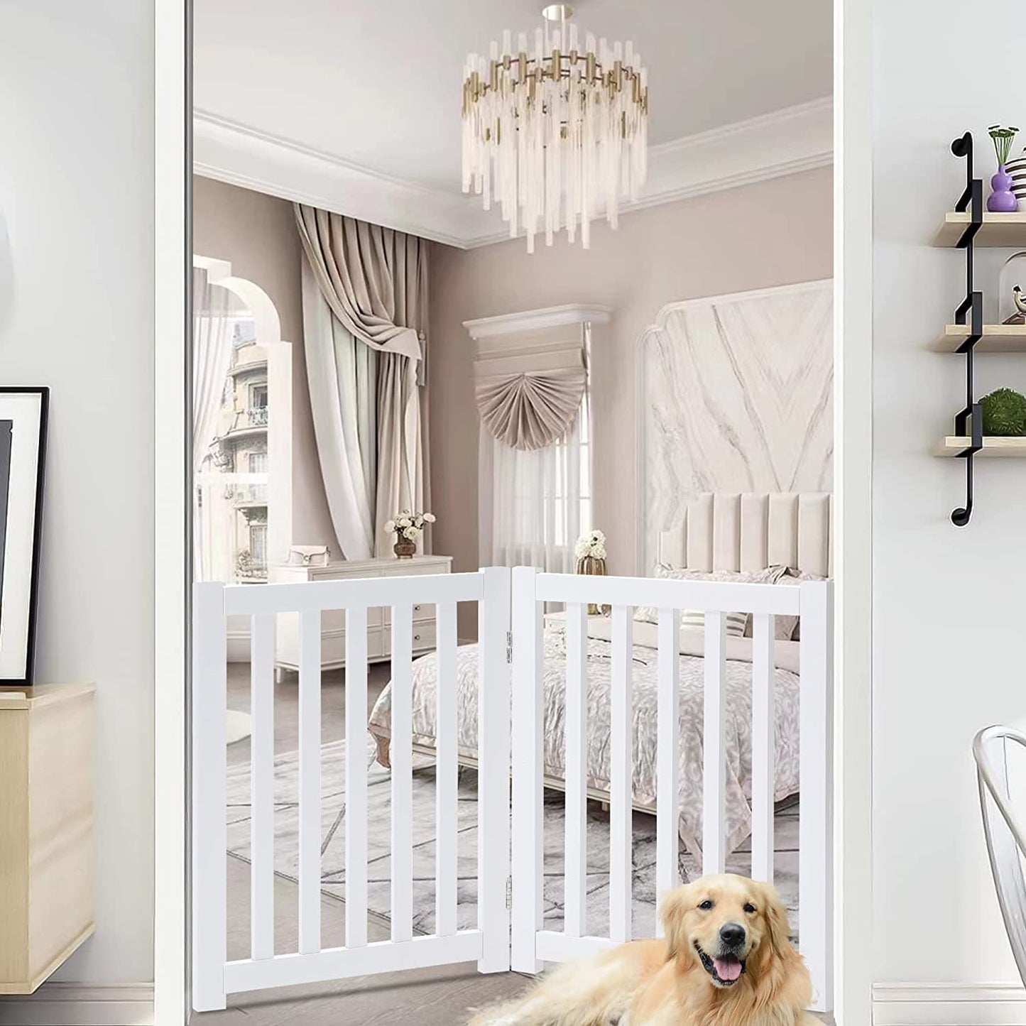 LZRS 2-Panel Wooden Free Standing Foldable Dog Gate – Solid Hardwood 24" High, Step-Over Safety Pet Gate for Doorways, Stairs & Small Spaces - Indoor Use, White