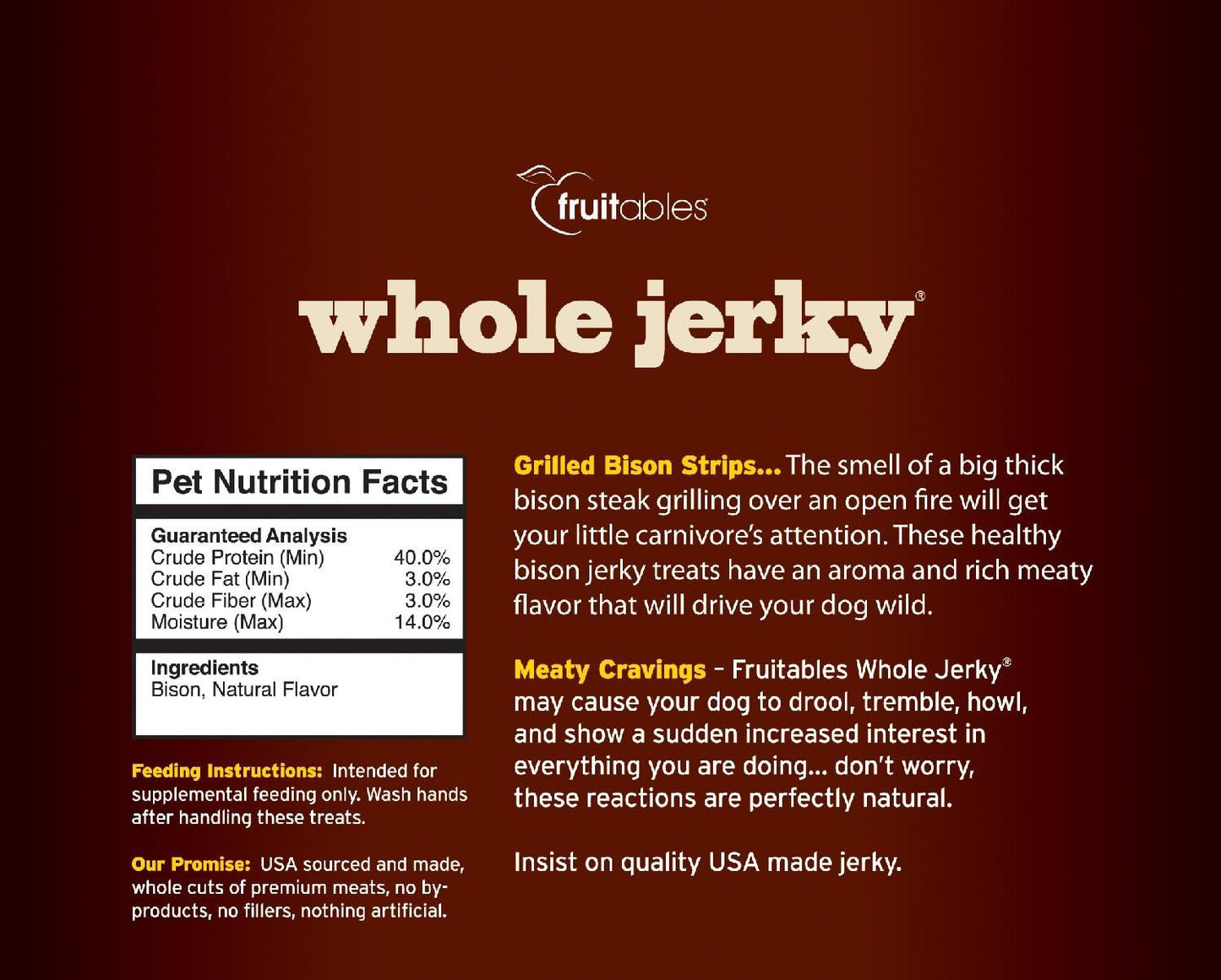 Fruitables Whole Jerky Dog Treats | Jerky Strips for Dogs | Gluten Free, Grain Free, Wheat Free | Made with Premium Meat and No Added Fillers | Grilled Bison | 12 Ounces