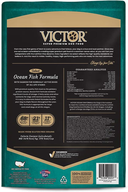 VICTOR Super Premium Dog Food – Select Ocean Fish Formula with Salmon – Omega-3 and Omega-6 Enriched Gluten-Free Dry Kibble for All Normally Active Dogs of All Life Stages, 5Lbs