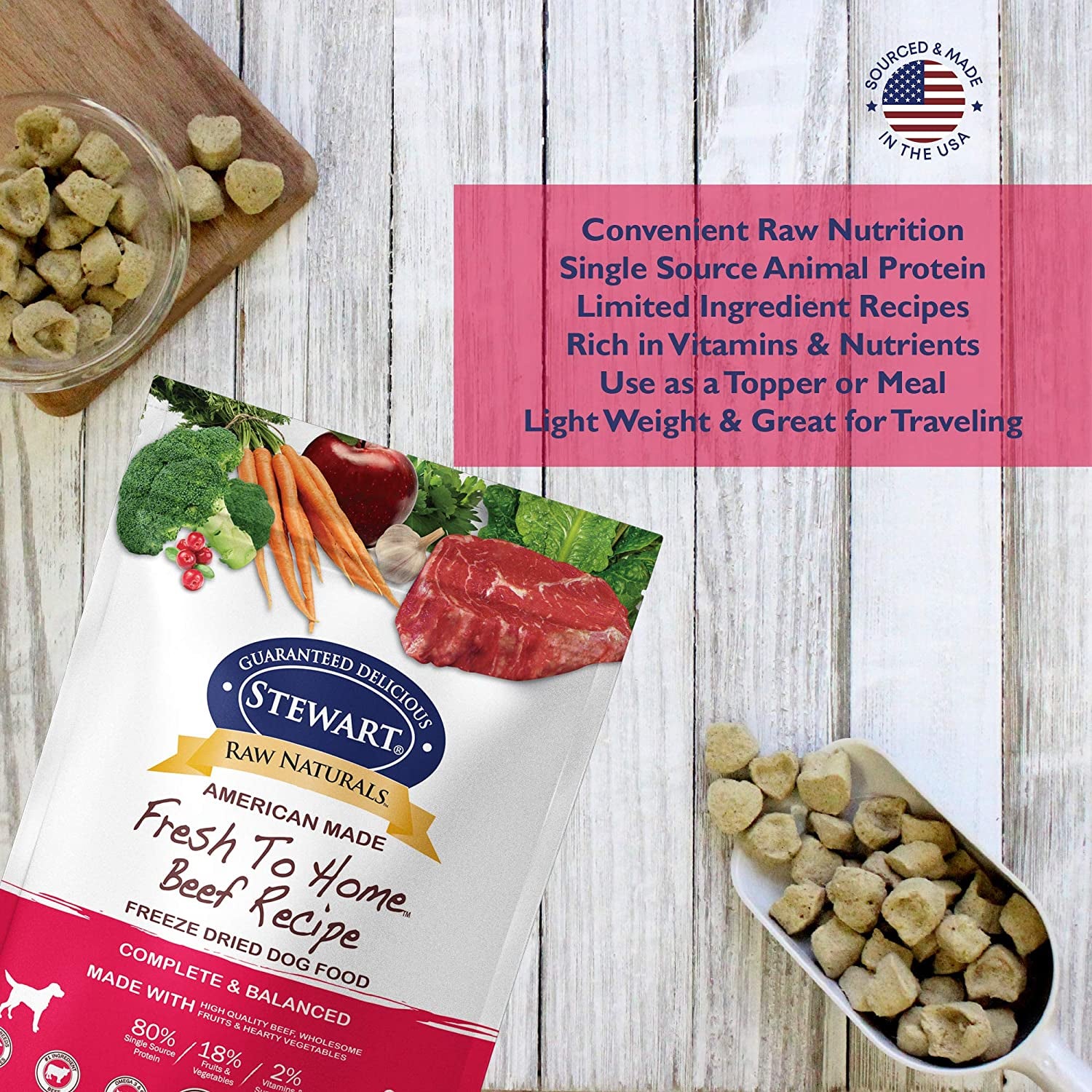 Stewart Raw Naturals Freeze Dried Dog Food Grain Free Made in USA with Beef, Fruits, & Vegetables for Fresh to Home All Natural Recipe, 24 Oz.