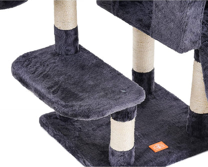 Heybly Cat Tree, Cat Tower for Indoor Cats with Scratching Board, Multi-Level Cat Furniture Condo with Feeding Bowl Smoky Gray HCT010G