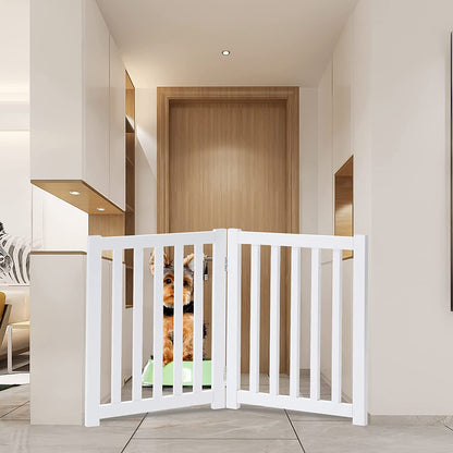 LZRS 2-Panel Wooden Free Standing Foldable Dog Gate – Solid Hardwood 24" High, Step-Over Safety Pet Gate for Doorways, Stairs & Small Spaces - Indoor Use, White
