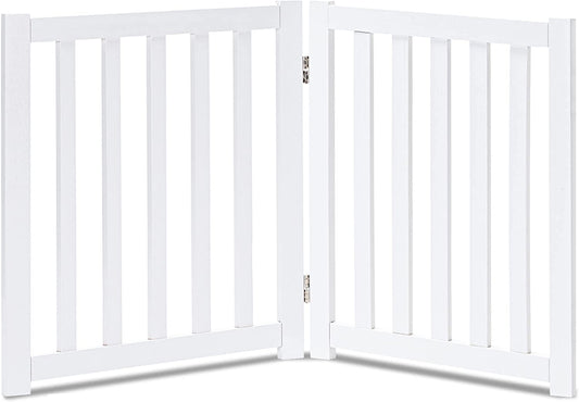 LZRS 2-Panel Wooden Free Standing Foldable Dog Gate – Solid Hardwood 24" High, Step-Over Safety Pet Gate for Doorways, Stairs & Small Spaces - Indoor Use, White
