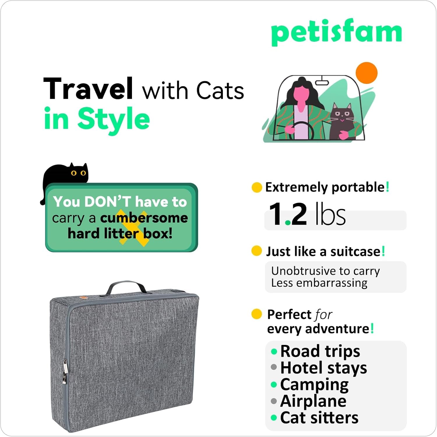 Petisfam Portable Cat Travel Litter Box. Easy Use in the Car. No Leakage, Smell and Messes. One-Handed Carrying for Road Trip, Hotel Stays, Car and Airplane