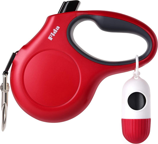 Fida Retractable Dog Leash with Dispenser and Poop Bags, 16 Ft Pet Walking Leash for Medium Dog or Cat up to 44 Lbs, Anti-Slip Handle, Tangle Free, Reflective Nylon Tape (M, Red)