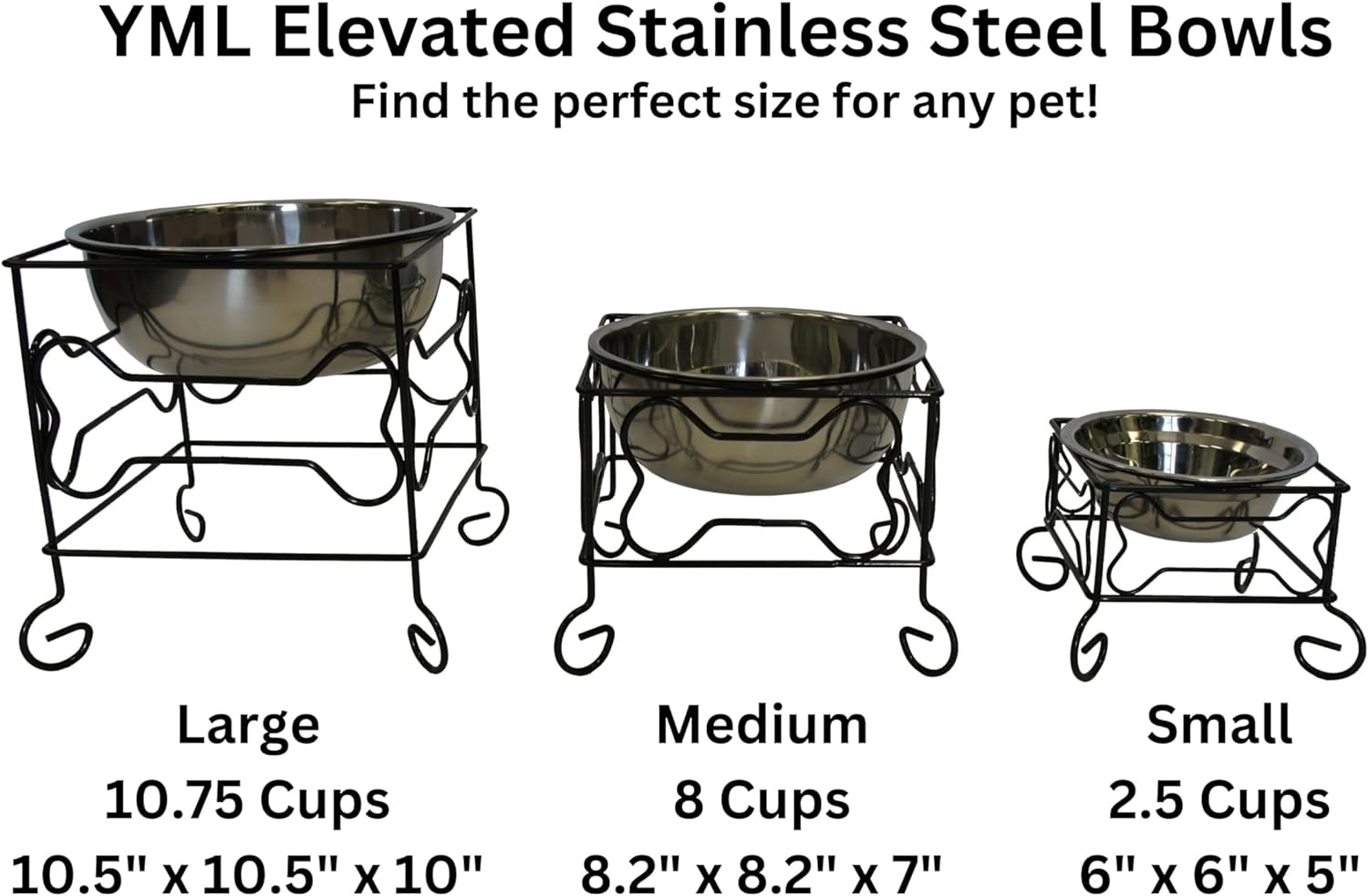 YML Elevated Stainless Steel Dog & Cat Bowl with Black Wrought Iron Stand, 10-Inch (10.75 Cups)