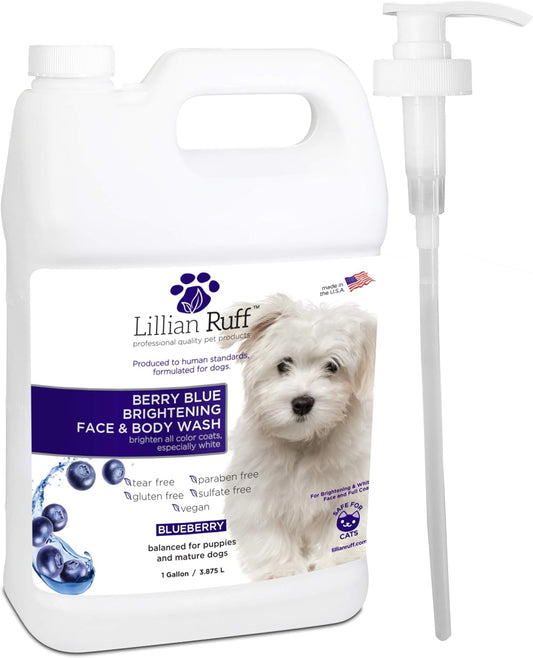 Lillian Ruff Berry Blue Brightening Face and Body Wash for Dogs - Blueberry Shampoo - Remove Tear Stains, Hydrate Dry Itchy Skin, Add Shine & Luster to Coats (Berry Blue Shampoo Gallon/Pump)