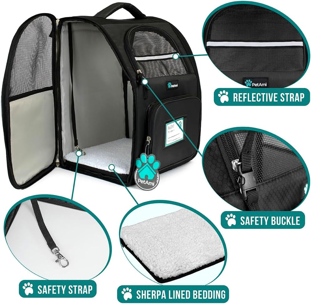 Petami Dog Backpack Carrier for Small Large Cat, Pet, Puppy, Ventilated Pet Hiking Backpack Travel Bag, Airline Approved Cat Backpack Carrier, Camping Biking Dog Bag up to 18Lbs Pet, Black