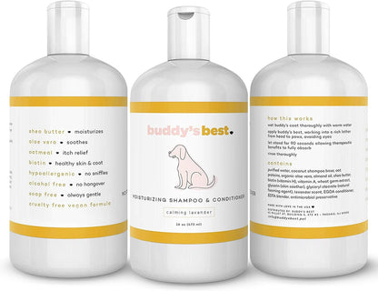 Buddy'S Best Dog Shampoo for Smelly Dogs - Skin-Friendly, Oatmeal Dog Shampoo and Conditioner for Dry and Sensitive Skin - Moisturizing Puppy Wash Shampoo, Calming Lavender Scent, 16Oz