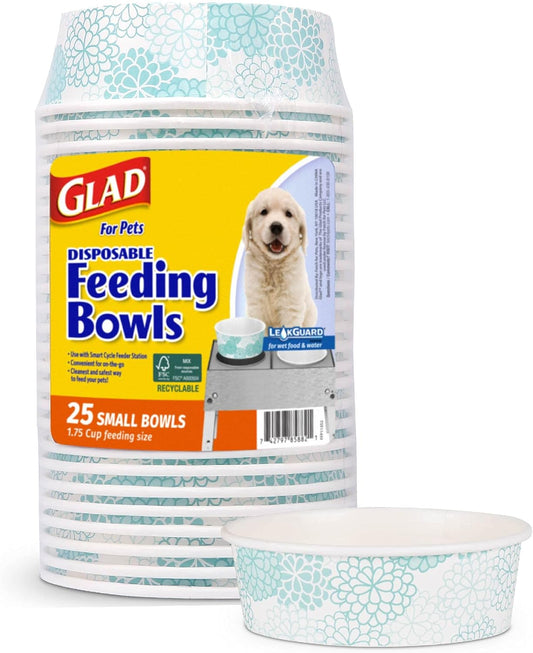 Glad Pets Disposable Small Dog Bowls, Teal Pattern, 1.75 Cup Feeding Size, 25 Count - Leakproof and Dishwasher Safe
