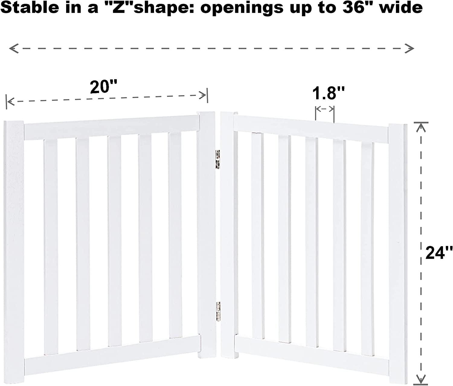 LZRS 2-Panel Wooden Free Standing Foldable Dog Gate – Solid Hardwood 24" High, Step-Over Safety Pet Gate for Doorways, Stairs & Small Spaces - Indoor Use, White