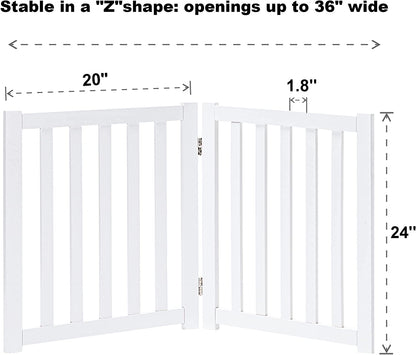 LZRS 2-Panel Wooden Free Standing Foldable Dog Gate – Solid Hardwood 24" High, Step-Over Safety Pet Gate for Doorways, Stairs & Small Spaces - Indoor Use, White
