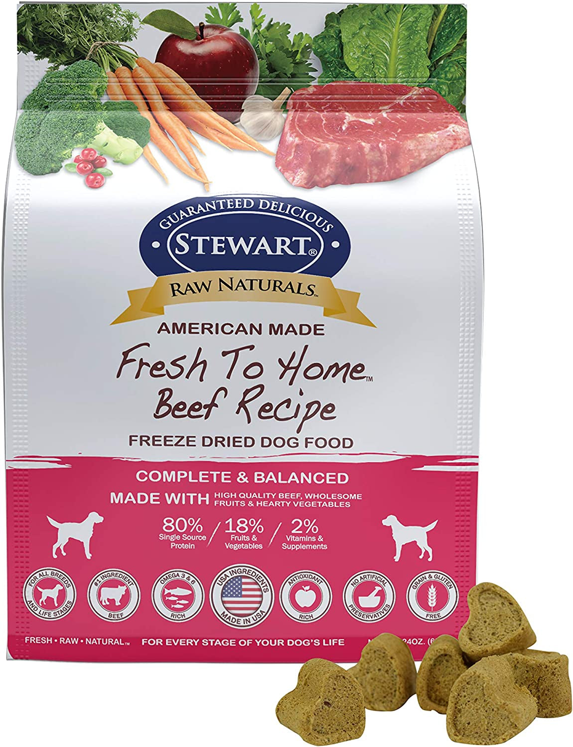 Stewart Raw Naturals Freeze Dried Dog Food Grain Free Made in USA with Beef, Fruits, & Vegetables for Fresh to Home All Natural Recipe, 24 Oz.