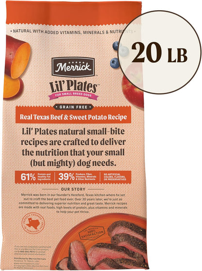 Merrick Lil’ Plates Premium Grain Free Dry Dog Food for Small Dogs, Real Texas Beef and Sweet Potato Kibble - 20.0 Lb. Bag