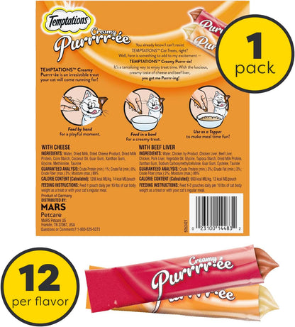Temptations Creamy Puree with Beef Liver and Cheese, Variety Pack of Lickable, Squeezable Cat Treats, 0.42 Oz Pouches, 24 Count