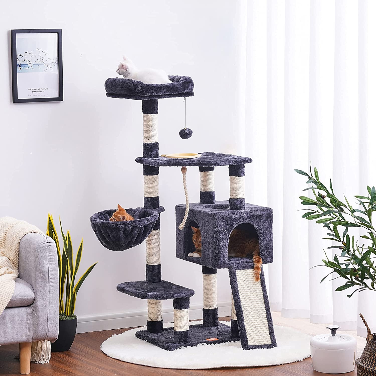 Heybly Cat Tree, Cat Tower for Indoor Cats with Scratching Board, Multi-Level Cat Furniture Condo with Feeding Bowl Smoky Gray HCT010G