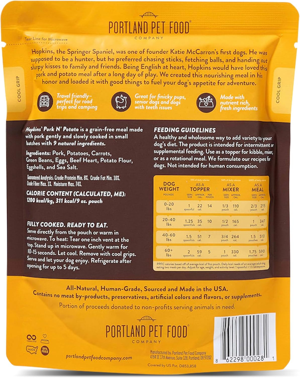 Portland Pet Food Company Hopkin'S Pork N’ Potato Fresh Dog Food Pouches - Human-Grade, Grain-Free Wet Meal Topper Mixer & Meals - Small & Large Breed Puppy & Senior Dogs - Made in the USA - 5 Pack