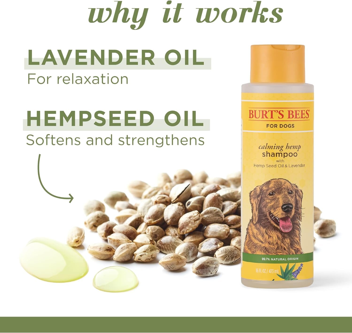Burt'S Bees for Pets Calming Dog Shampoo with Hemp Seed Oil and Lavender - 95% Natural Origin Formula, Gentle and Best for Dogs, 16 Oz