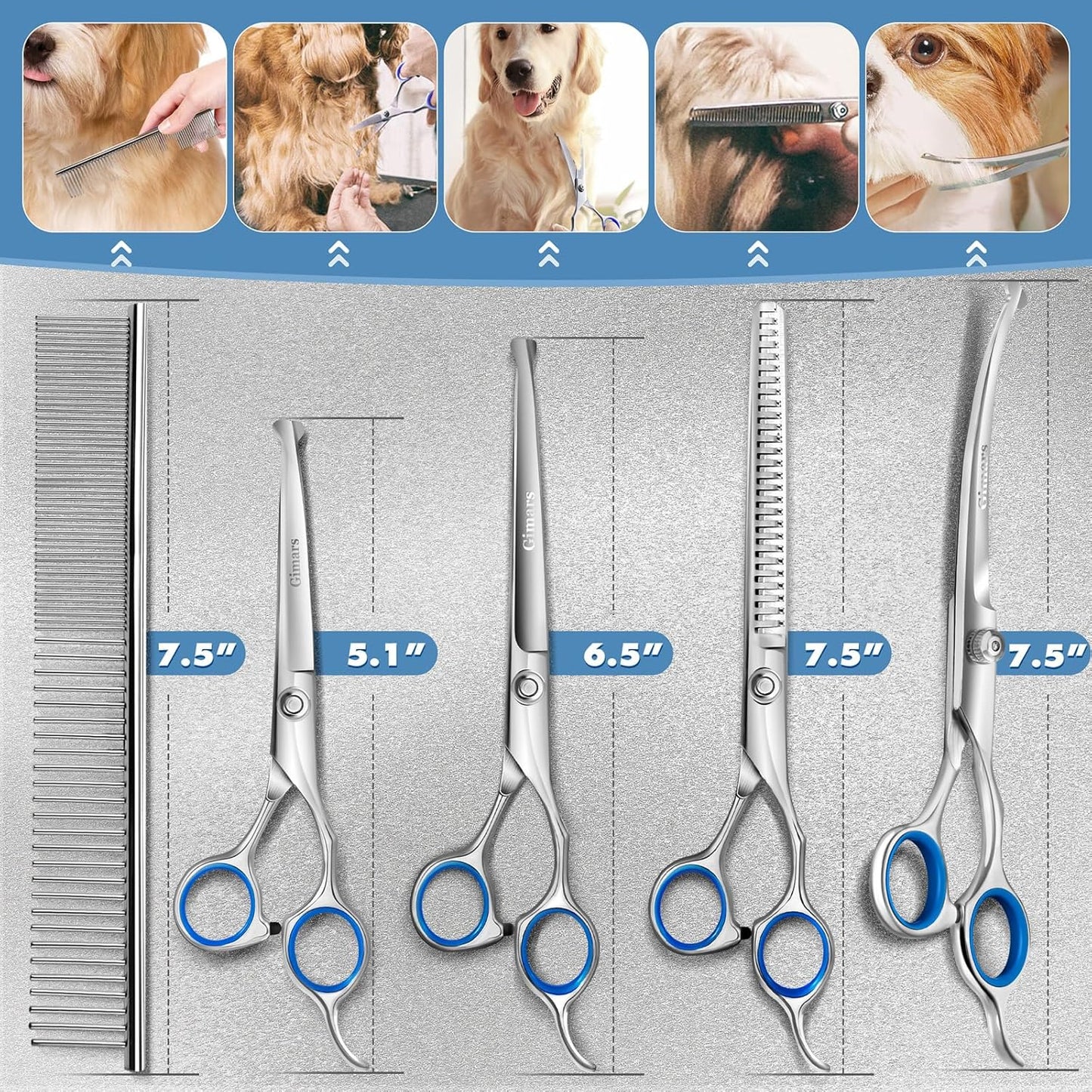 Gimars Titanium Coated Professional 6 in 1 4CR Stainless Steel Dog Grooming Scissors with Safety round Tip, Heavy Duty Pet Grooming Scissor for Dogs, Cats and Other Animals
