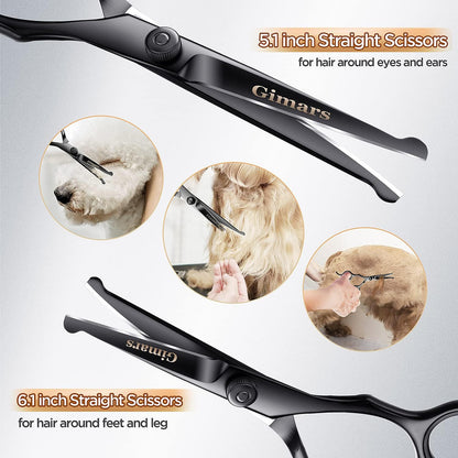 Gimars 7Inch Professional 4CR Stainless Steel 6 in 1 Grooming Scissors for Dogs with Safety round Tip, Heavy Duty Titanium Coated Pet Grooming Scissor for Dogs, Cats and Other Animals