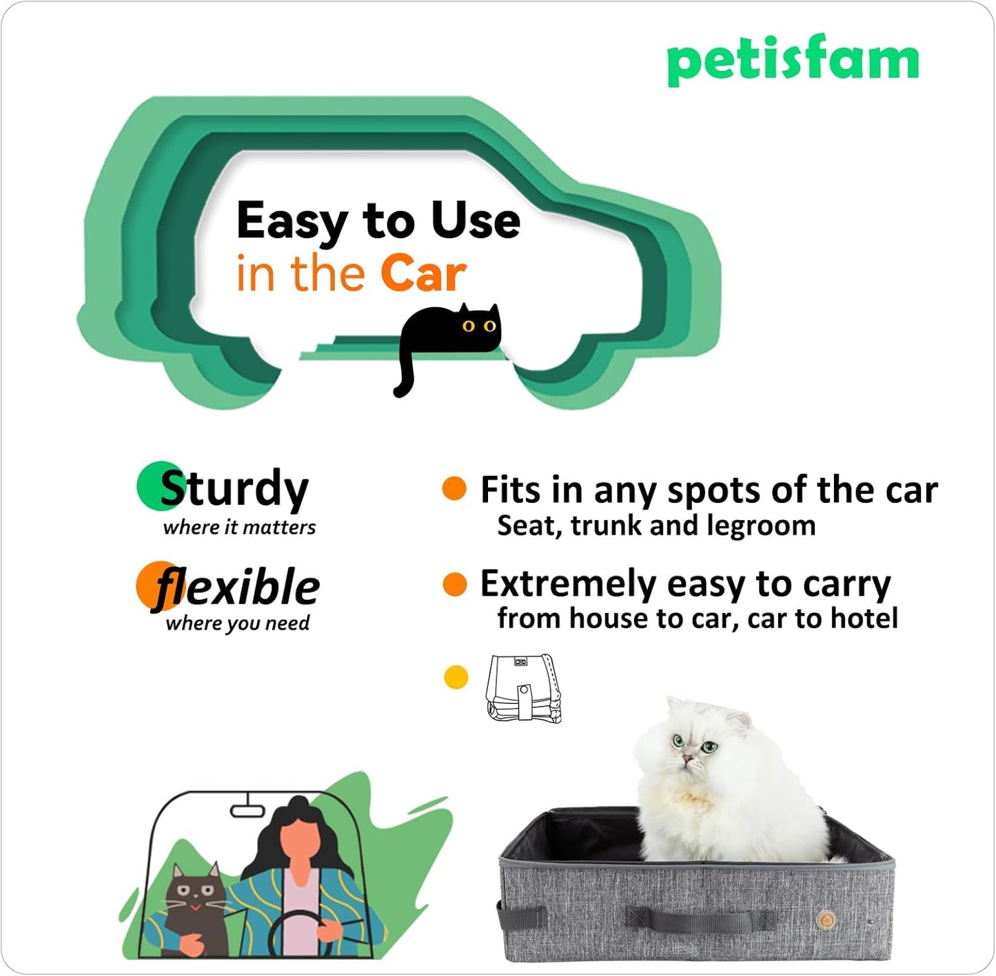 Petisfam Portable Cat Travel Litter Box. Easy Use in the Car. No Leakage, Smell and Messes. One-Handed Carrying for Road Trip, Hotel Stays, Car and Airplane