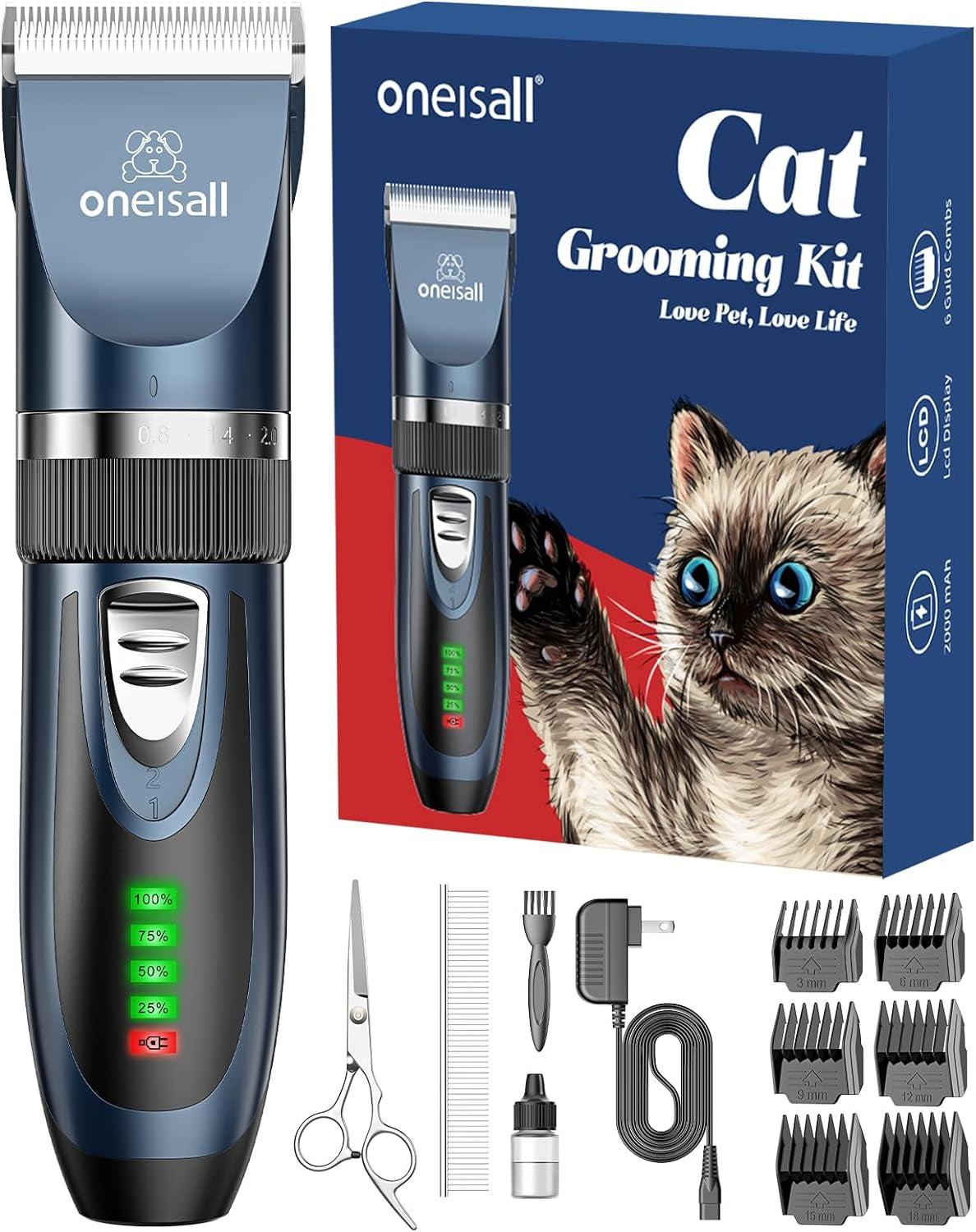 Ooneisall Quiet Cat Clippers for Matted & Long Hair, 2-Speed Cordless Pet Shaver Grooming Kit for Cats, Small Dogs & Animals (Blue)