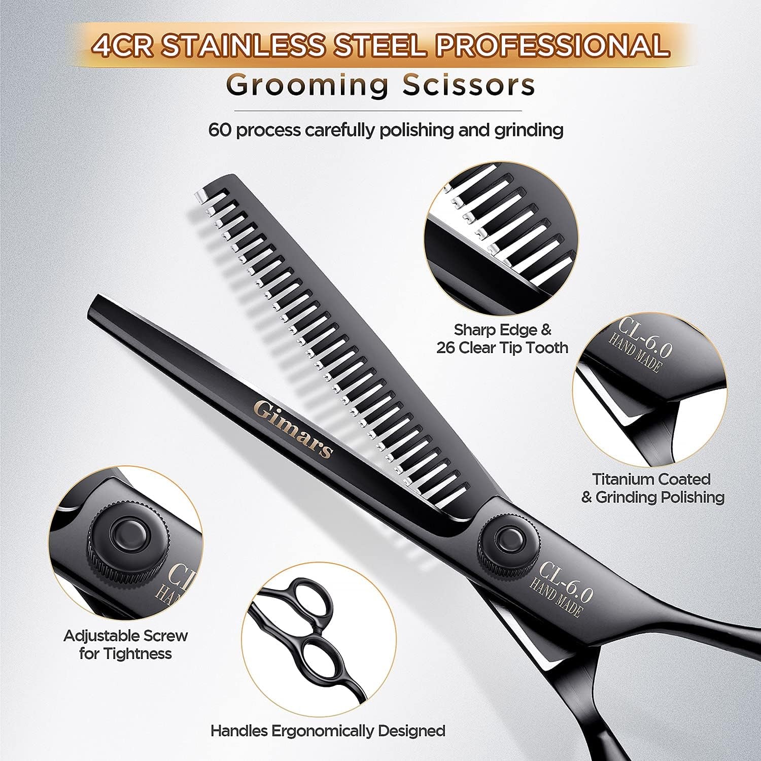 Gimars 7Inch Professional 4CR Stainless Steel 6 in 1 Grooming Scissors for Dogs with Safety round Tip, Heavy Duty Titanium Coated Pet Grooming Scissor for Dogs, Cats and Other Animals