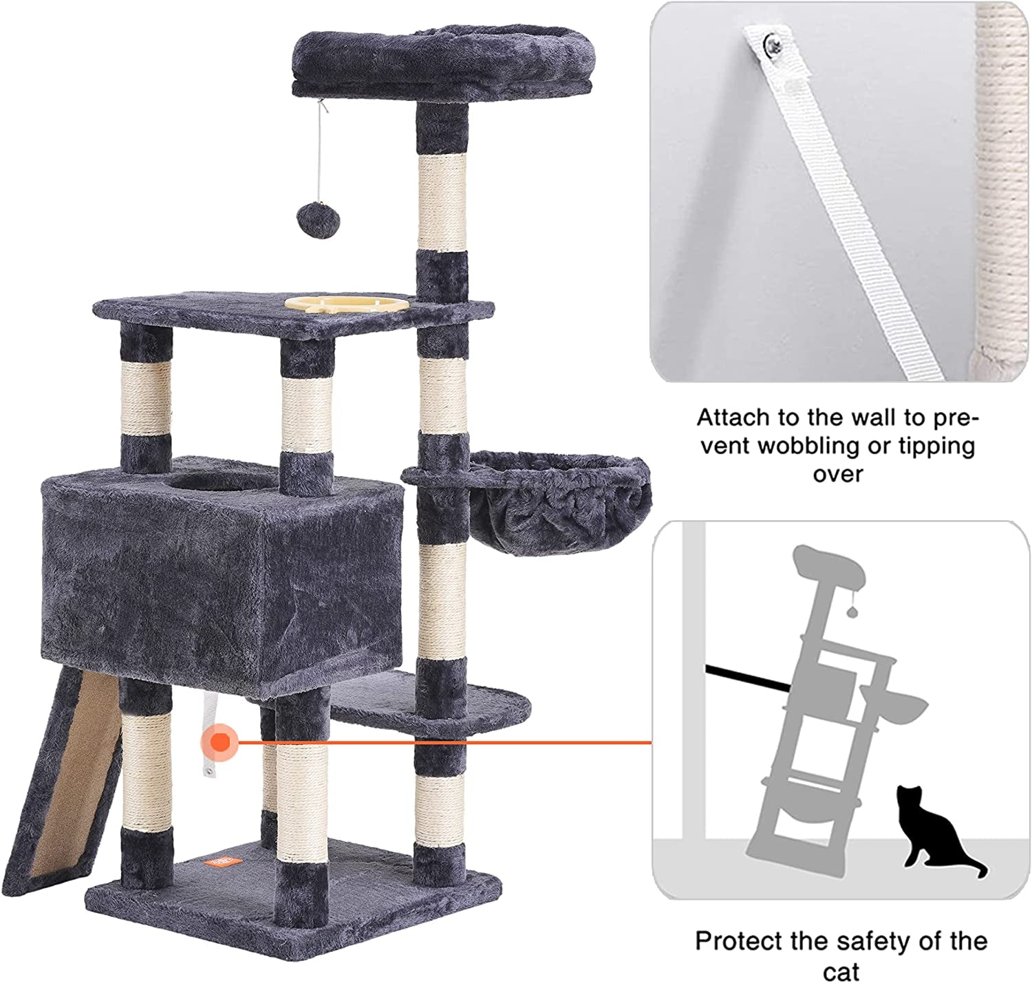 Heybly Cat Tree, Cat Tower for Indoor Cats with Scratching Board, Multi-Level Cat Furniture Condo with Feeding Bowl Smoky Gray HCT010G