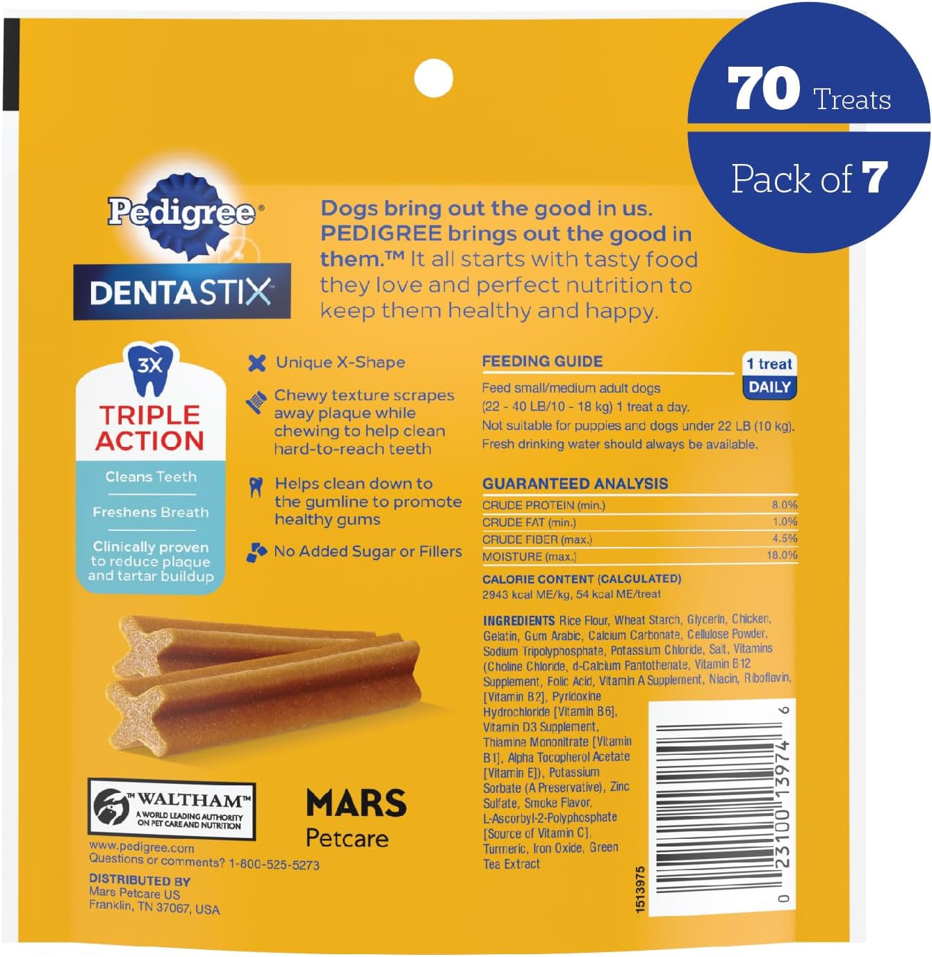 PEDIGREE DENTASTIX Small/Medium Dog Dental Treats Original Flavor Dental Bones, 5.57 Oz. Pack, Pack of 7 (70 Total Treats)