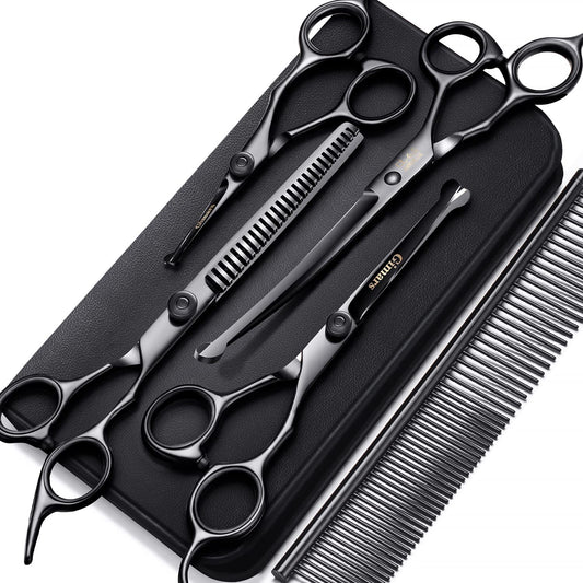 Gimars 7Inch Professional 4CR Stainless Steel 6 in 1 Grooming Scissors for Dogs with Safety round Tip, Heavy Duty Titanium Coated Pet Grooming Scissor for Dogs, Cats and Other Animals